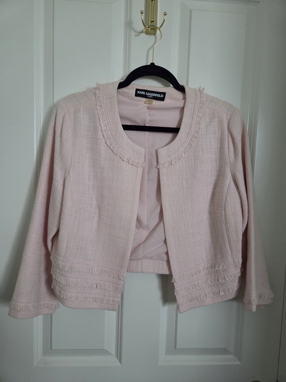 Karl Lagerfeld Light Pink Tweed Fringe-Trim Cropped Blazer